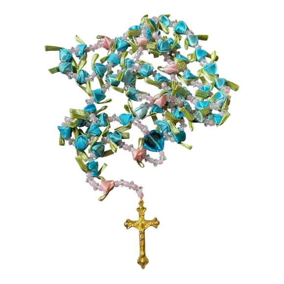 Rosary from Italy! Unique Ribbon Flowers, Crystal 💙 gold cross stamped Italy - Picture 4 of 7